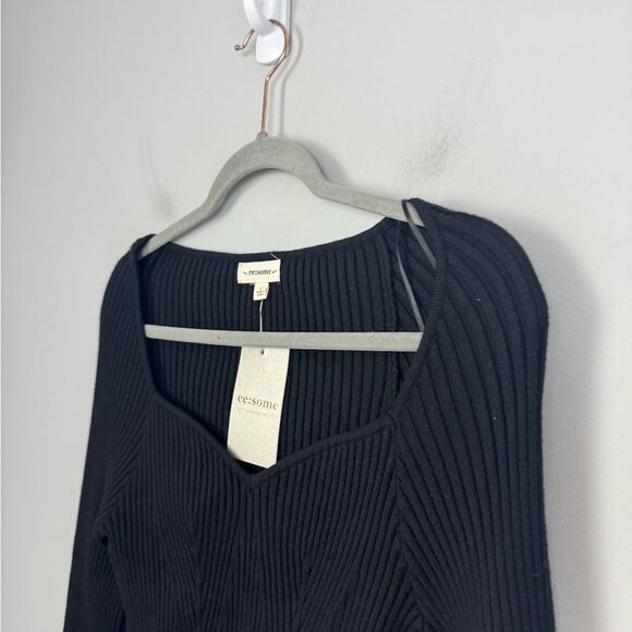 EESOME | NEW Sweetheart Ribbed Knit Black Long Sleeve Top Women’s Size Large - Picture 6 of 11